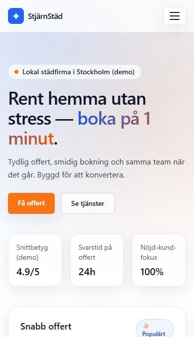 Stjärnstäd, sajten visad i mobilen